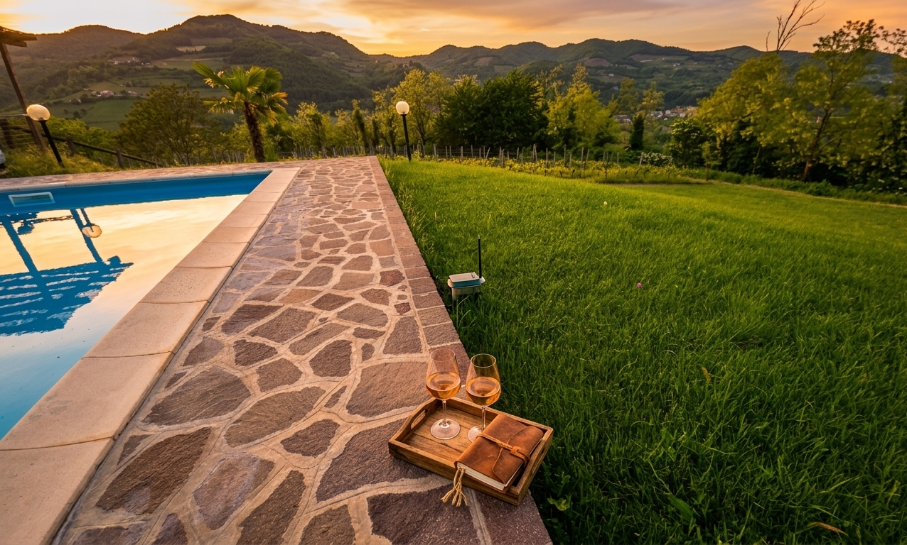 Piscina panoramica al tramonto alla Tenuta MonteOliveto in Alta Langa